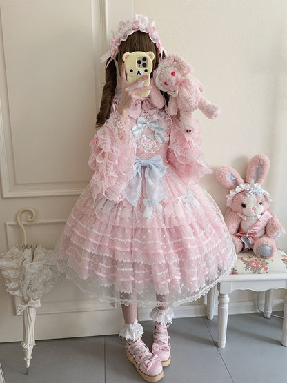 Pink Flower Applique Heart Bodice Overlay Hem Princess Lolita Jumper Skirt