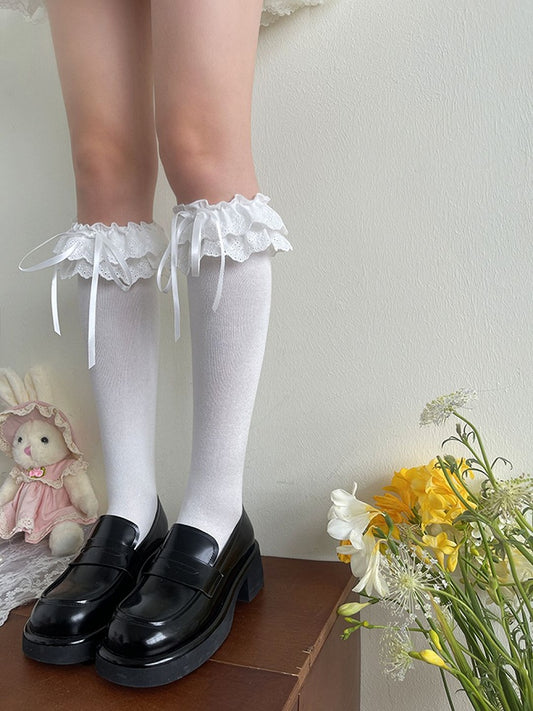 White/Black Bowknot Details Double-layer Lace Underknee Stockings