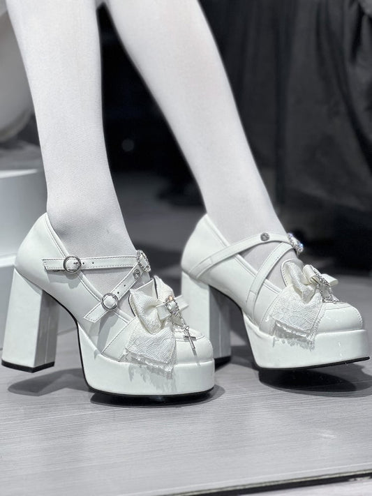 Bow at Top Polished White Crisscross Straps Jirai Kei Platforms Landmine Style High Heel Shoes