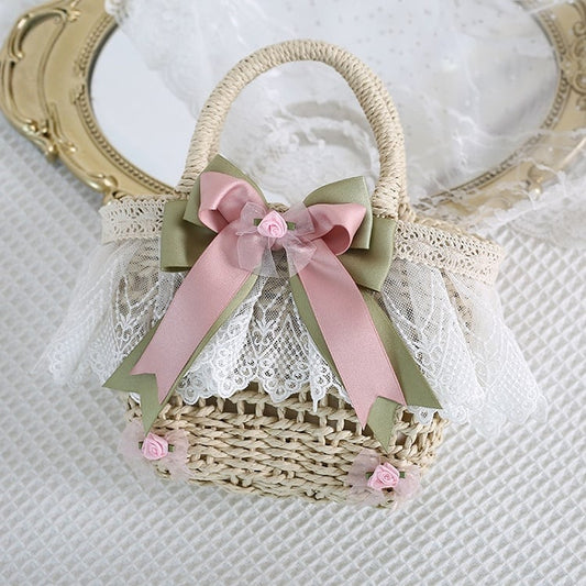 Fresh Lolita Bowknot Lace Trimmed Straw Handbag / Crossbody
