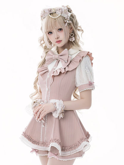 Pink Striped Jirai Kei Set: Scalloped Edge Trim Lace-up Back Top+ Shorts+ Bowknot Brooch