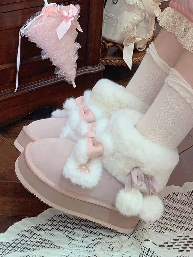 Pink Sweet Lolita Winter Platform Boots - Plush Polka Dot Rabbit Ears, Cozy Lining & Self-Tie Pompom Straps