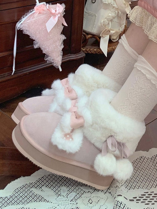 Pink Sweet Lolita Winter Platform Boots - Plush Polka Dot Rabbit Ears, Cozy Lining & Self-Tie Pompom Straps