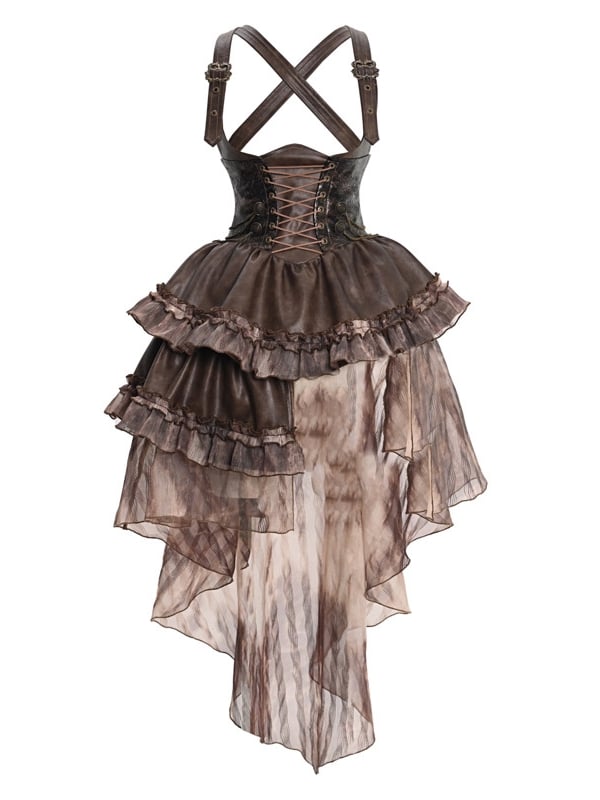 Clearance - Size M for Waist 71cm Brown Western Style Steampunk Asymmetrical PU Overall Dress with Detachable Train
