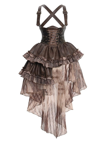 Clearance - Size M for Waist 71cm Brown Western Style Steampunk Asymmetrical PU Overall Dress with Detachable Train