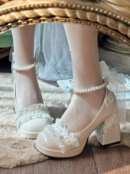 Beige Bow Accent Detachable Beaded Chain Lolita Block Heels
