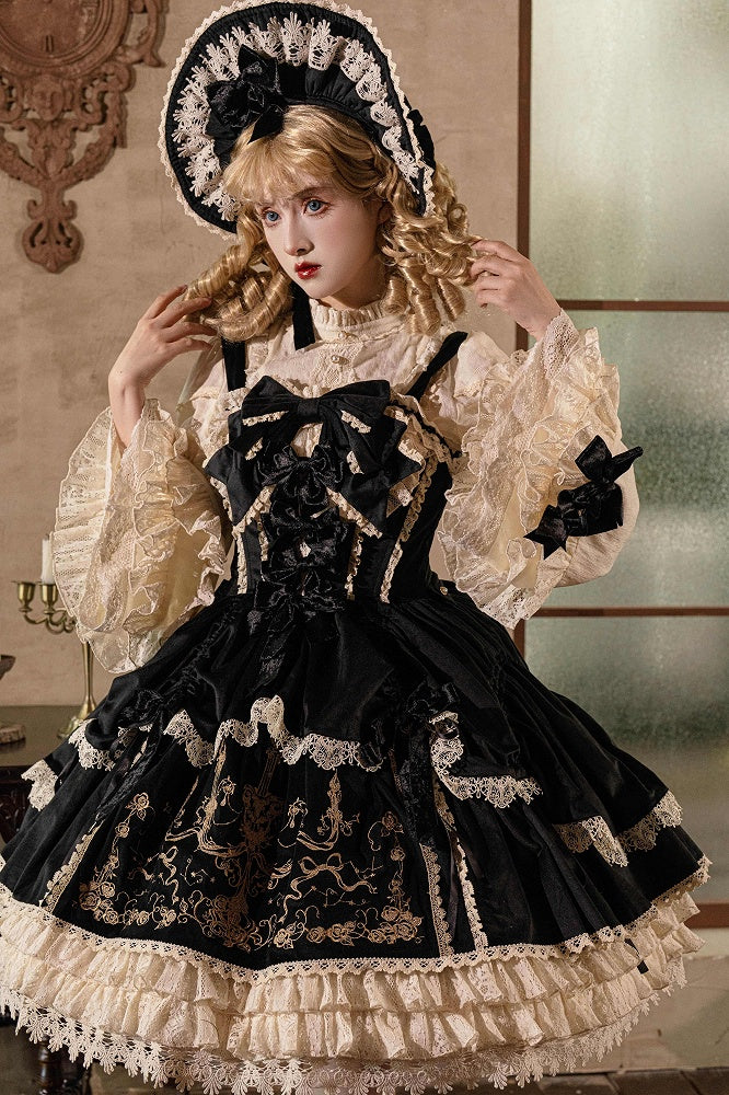 Bows Decoration Candle Embroidery Black Velvet Dress Lolita JSK / Set