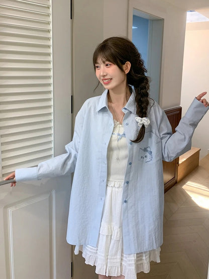 Kitty Embroidery on Pocket Kitty-shaped Cutout Detail Back Blue/Pink Loose Shirt