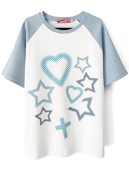 Stars and Sweethearts Print Blue and White T-shirt