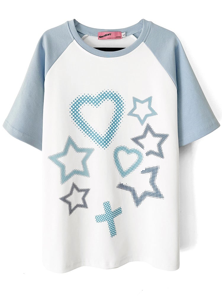 Stars and Sweethearts Print Blue and White T-shirt