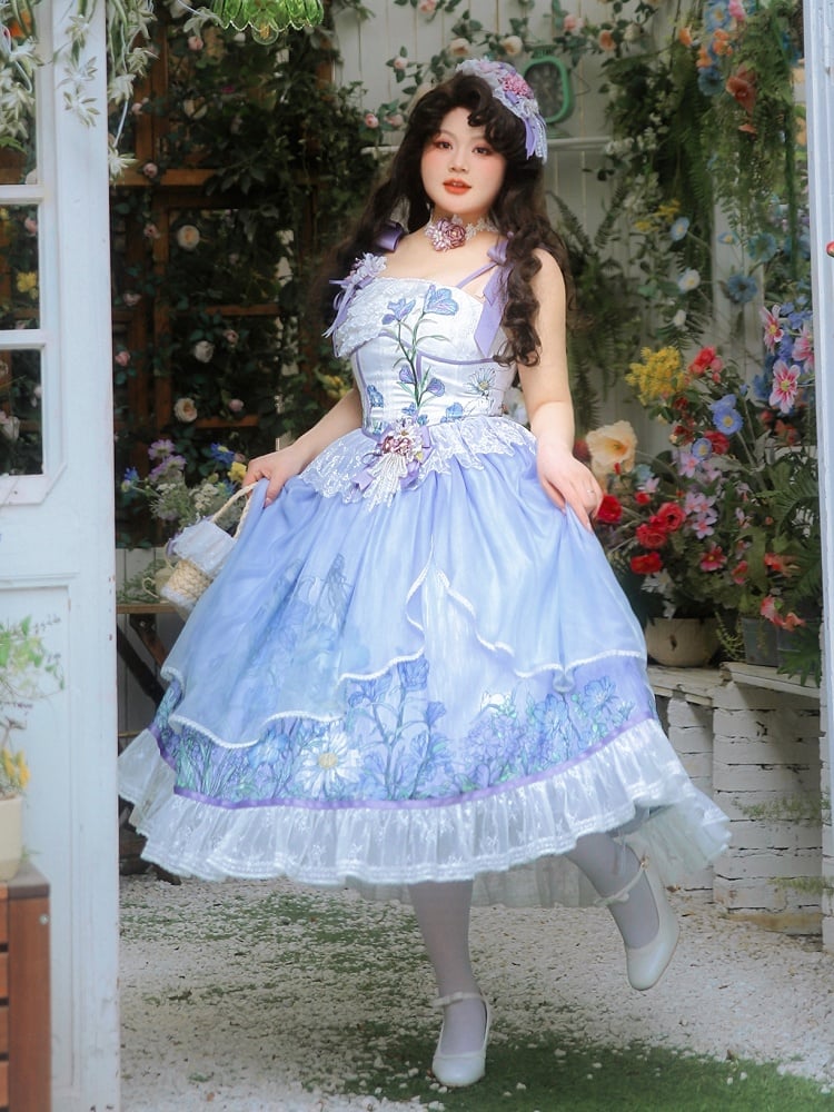 Plus Sizes Available Floral Print Bowknot Straps Dress Elegant Classic Lolita Jumper Skirt