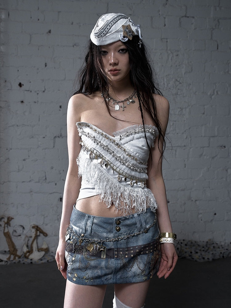 Baroque Bead Details Fringe Hem Black/White Crossover Design Strapless Top