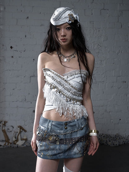 Baroque Bead Details Fringe Hem Black/White Crossover Design Strapless Top