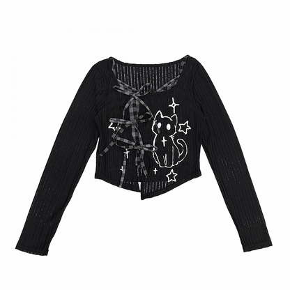 Y2K Red/Gray Plaid Cami Top with Kitten Print Black Coverup Set