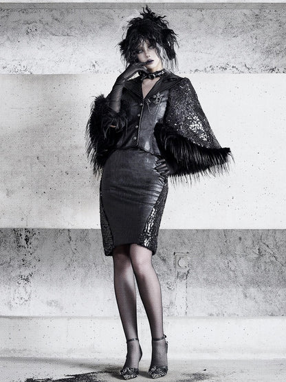 Black Cracked PU Leather Skirt Goth Office Lady A-line Skirt