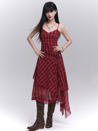 Red Plaid V-Neck Handkerchief Hem Cami Dress