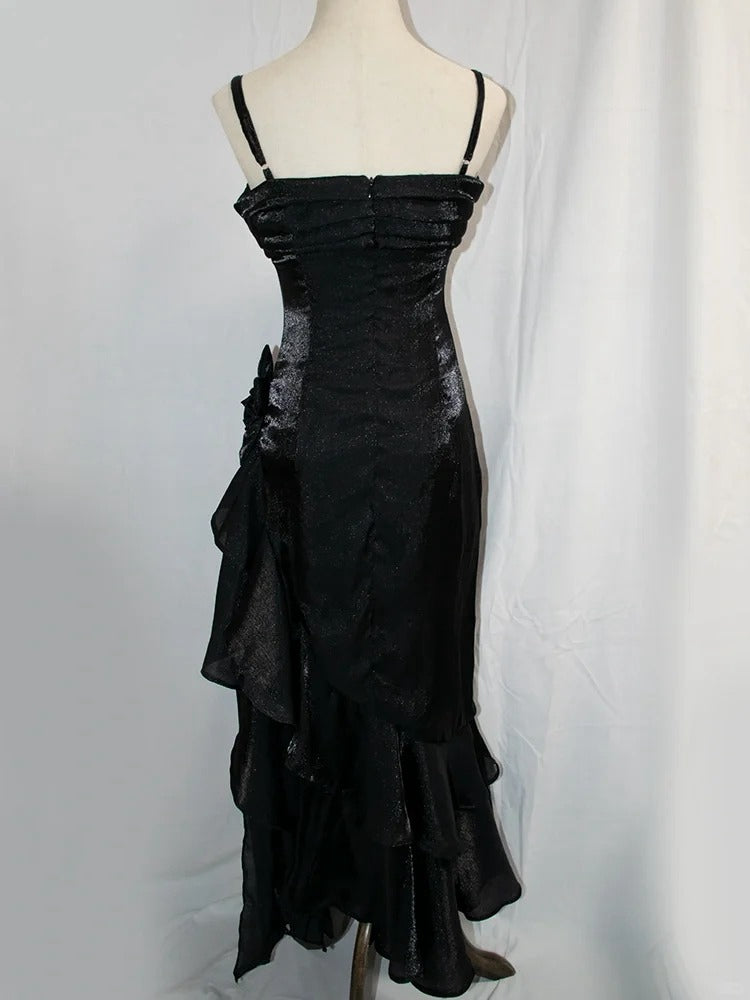 Black Vintage Floral Dress Asymmetrical Hem Prom Gown