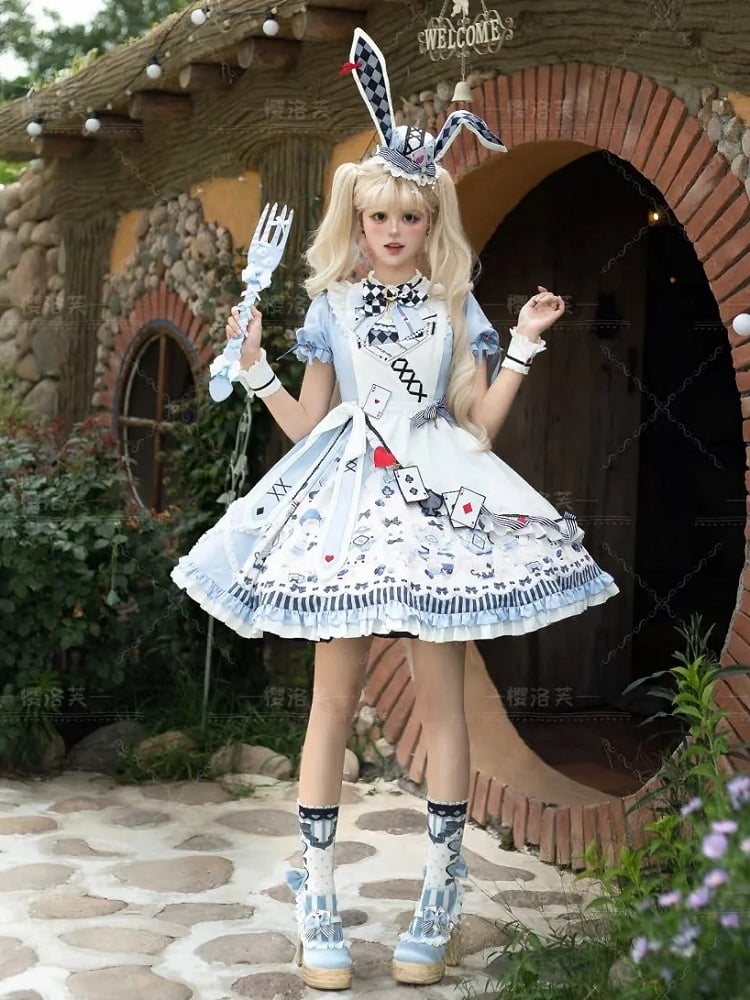 Alice in Wonderland Vibes Blue Bunny and Teapot Print Apron Dress Sweet Lolita OP / Full Set