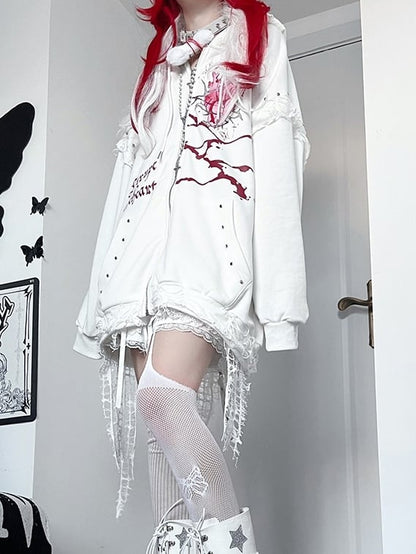 White Guro Kawaii Heart And Letter Print Studs Decorated Cat Ear Zip-up Hoodie