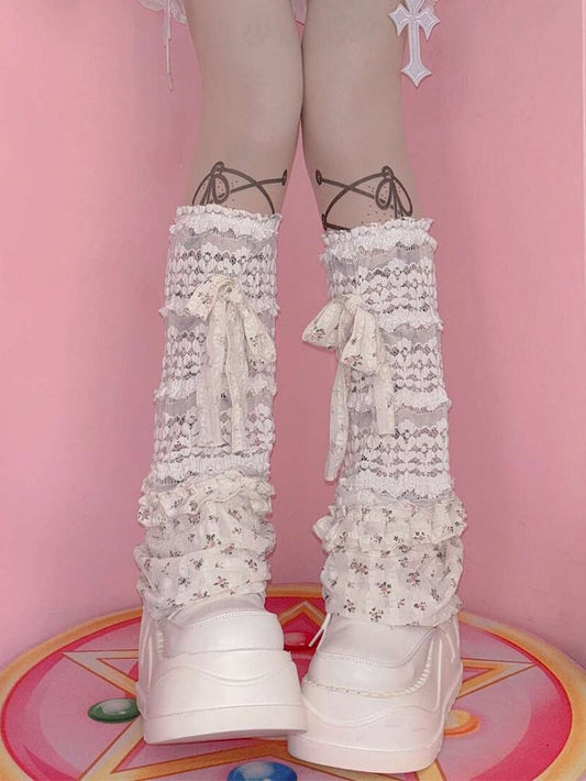 White Y2K Bowknot Details Floral Pattern Ruffles Trim Leg Sleeves