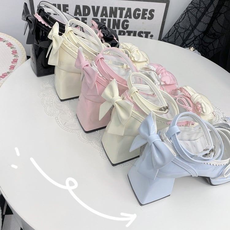 7CM Creamy White Bow at Top Crisscross Design Sweet Lolita Platform High Block Heels