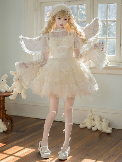 Creamy White Princess Basque Waist Lolita Dress Beads and Ribbon Bows on Skirt