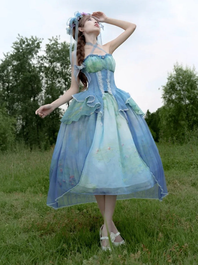 Sky Blue Fairy Oil Painting Print Tiered Flounce Hem Halter Boned Corset Top