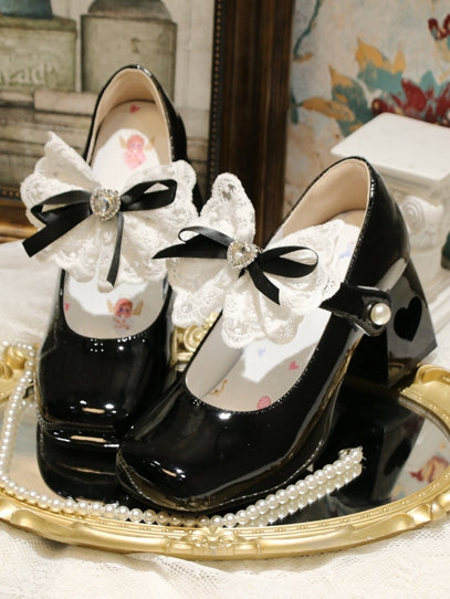 Heart-shaped Hollowed Heel Black Elegant Mary Janes with Lace Bowknot Clips