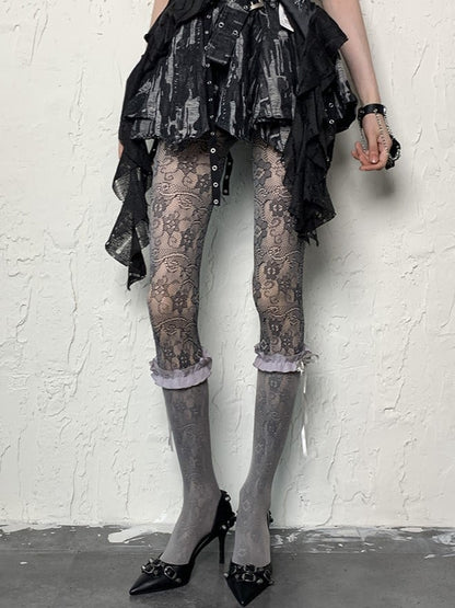 Gray Y2K Floral Pattern Hollow-out Design Tights