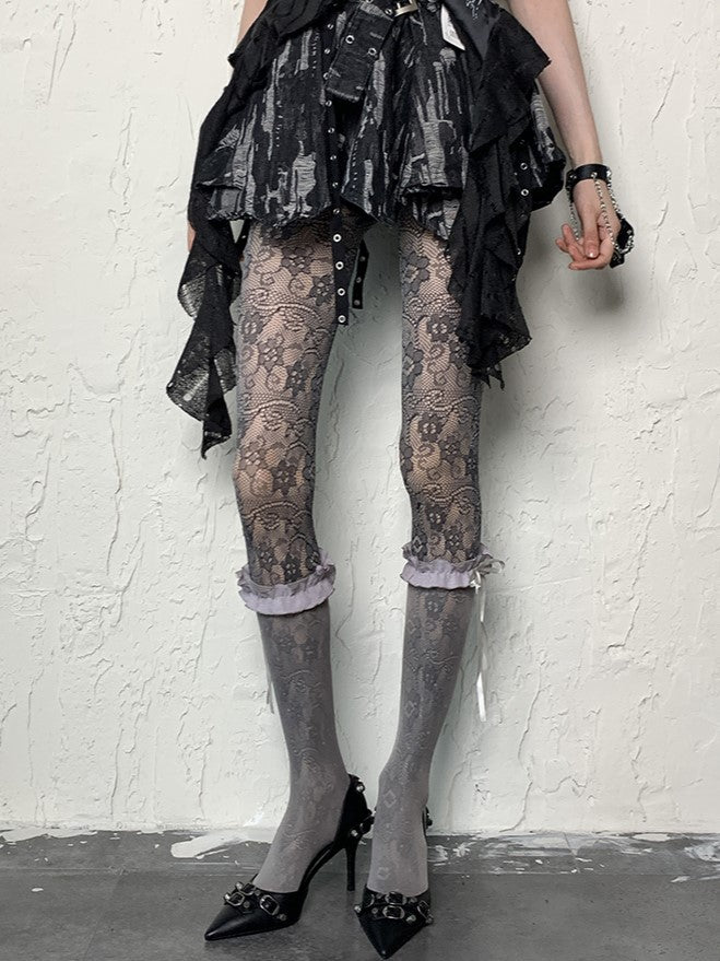 Gray Y2K Polka-dot Pattern Bowknot Self-tie Straps Underknee Stockings