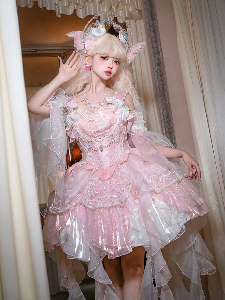 Light Pink Corset Waist Princess Lolita Beads and Sequins Detail Cascading Ruffle Accents Fairy Layered Dress