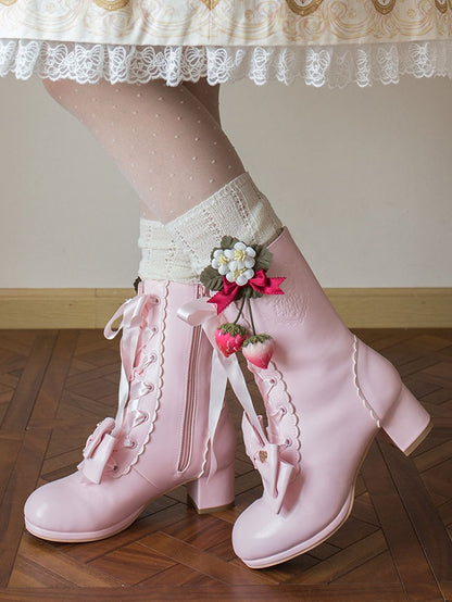 Removable Bow, Plush Top & Lace-up Closure PU Pink Mid-calf Boots in Sweet Lolita