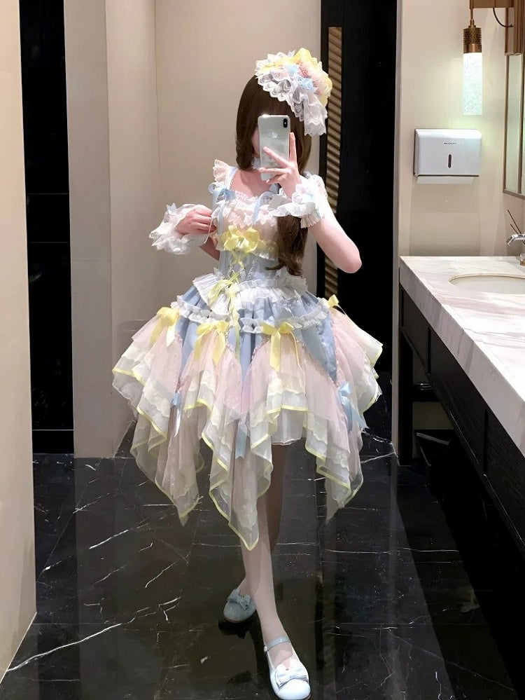Blue and Yellow Basque Waist Fairycore Lolita Jumper Skirt with Layered Handkerchief Hem
