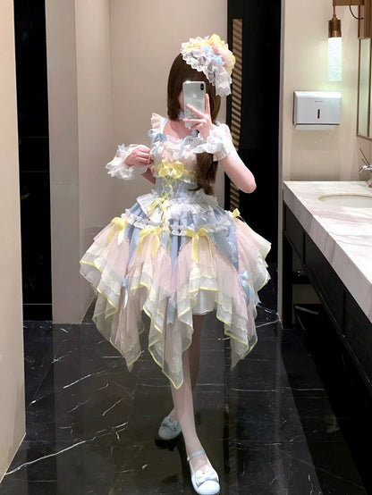Blue and Yellow Basque Waist Fairycore Lolita Jumper Skirt with Layered Handkerchief Hem