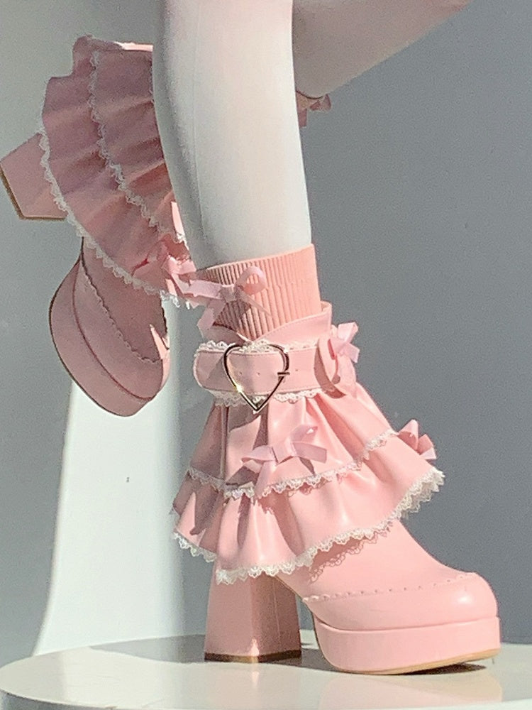 Sweet Deep Pink High-heel Boots for Lolita with Removable Tiered Ruffles Trim, Romantic Heart Clasp & Bowknot Details