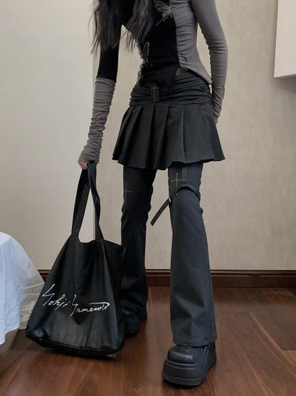 Dark Gray Flared Jeans Regular/Long Version with Pleated Skirt and Cross Motif