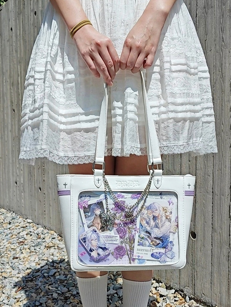 White Cross Detail Ita Shoulder Bag with Detachable Butterfly Charm Chain
