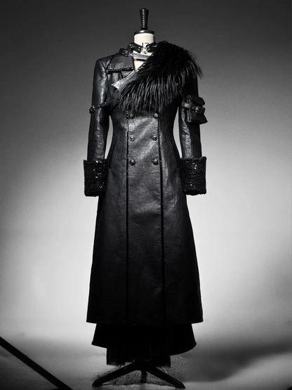 Black Goth Cracked Leather Trench Coat with Cozy Fleece Lining