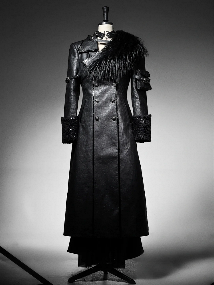 Black Goth Cracked Leather Trench Coat with Cozy Fleece Lining