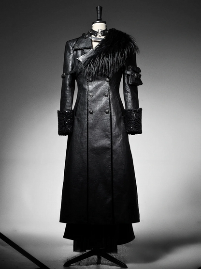 Black Goth Cracked Leather Trench Coat with Cozy Fleece Lining