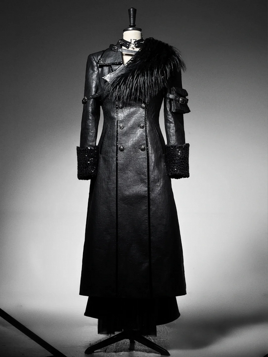Black Goth Cracked Leather Trench Coat with Cozy Fleece Lining