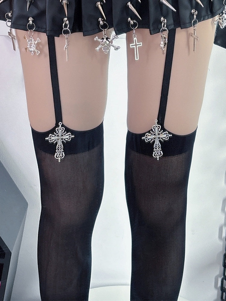 Black/White Y2K Gyaru Fashion Cross Decorated Suspender Stockings