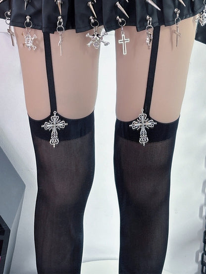 Black/White Y2K Gyaru Fashion Cross Decorated Suspender Stockings
