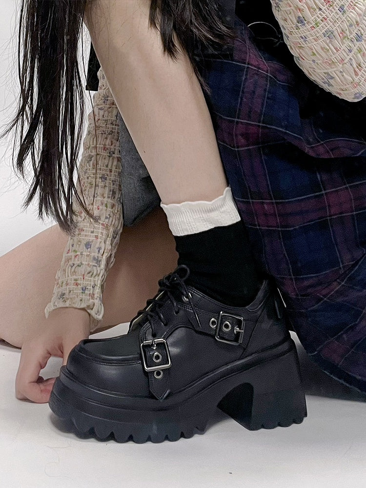 Black Buckle Straps Lace-up Closure Platform High Block Heels Punk Shoes