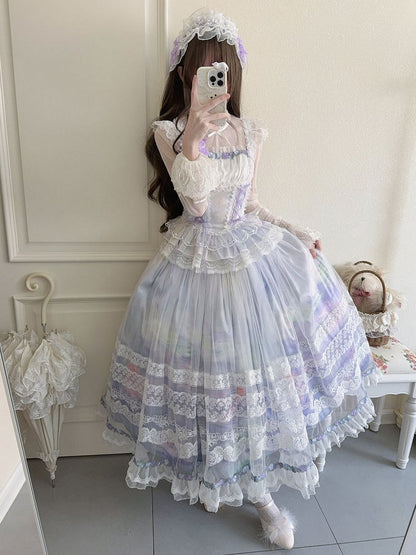 Light Purple Classic Lolita Boned Basque Waist Top + Oil Painting Print Overlay Skirt