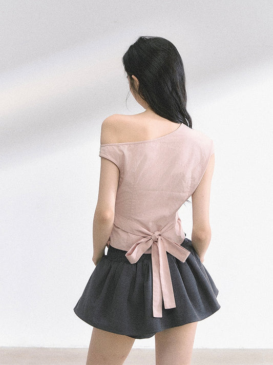 Pink Asymmetrical Neckline Front Button Placket T-shirt Self-tie Bowknot at Back