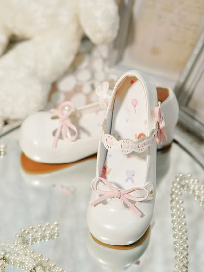 White Beaded Decorated Knotted Bow at Top Round Toe Lolita Shoes