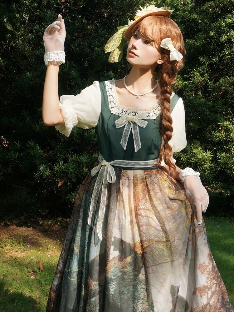 Dark Green Square Neckline Forest Print Elegant Classic Lolita Dress with Bow Detail