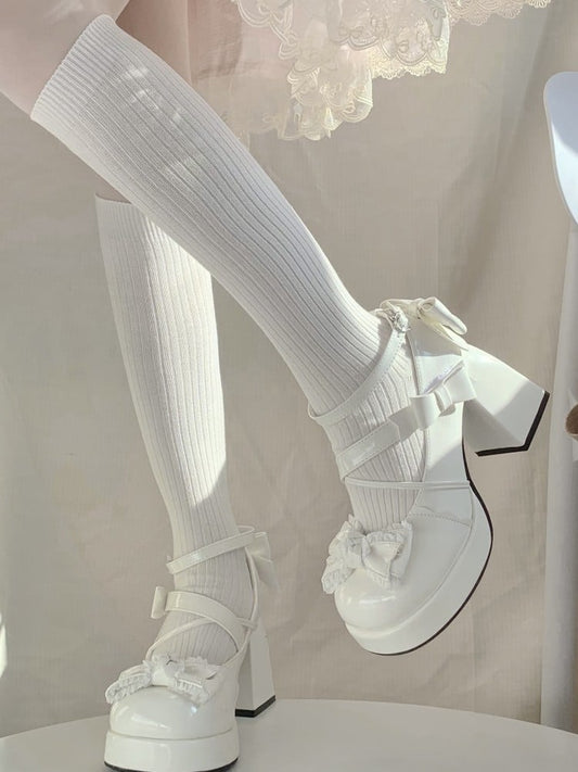 Bow at Top White Sweet High Block Heel Mary Janes Ankle Strap