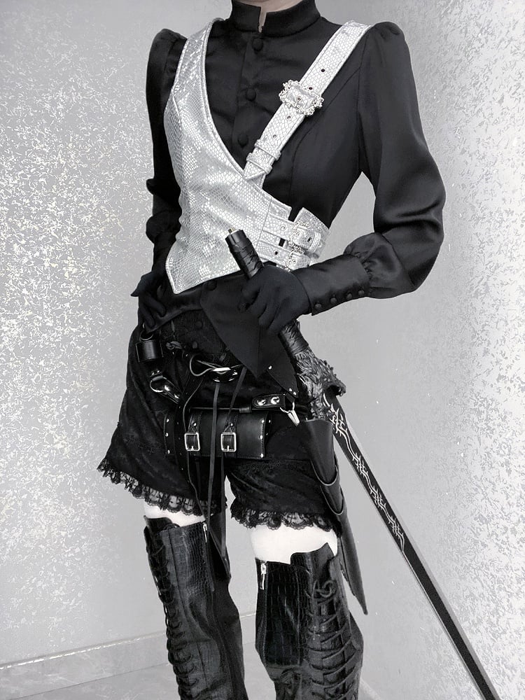 Silver Buckle Straps Asymmetrical Design Snakeskin-grain Leather Waistcoat